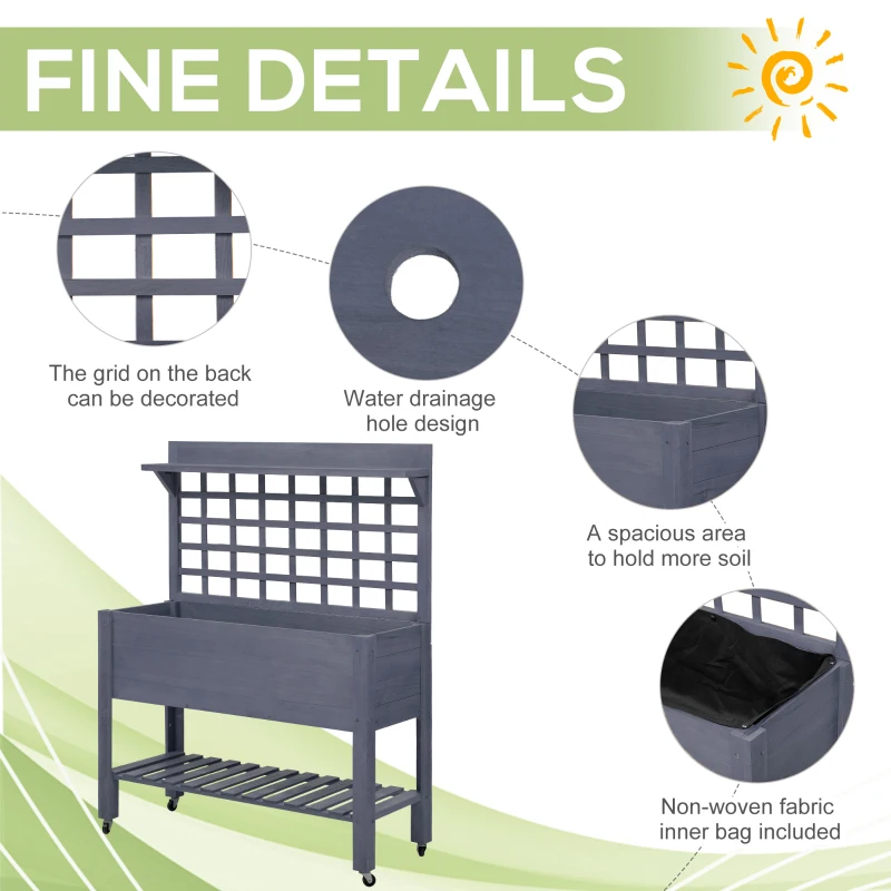 Outsunny 41" Raised Garden Bed Mobile Elevated Wooden Planter Box Stand with Wheels, Trellis and Storage Shelf, Gray