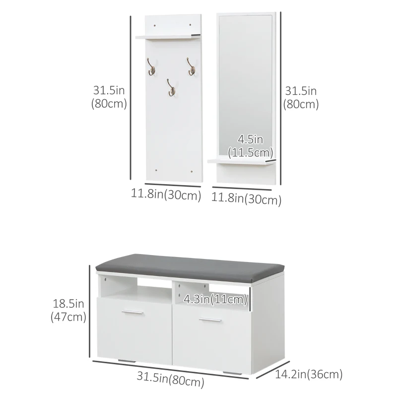 HOMCOM 3-in-1 Hall Tree, Modern Entryway Organizer with Shoe Rack Storage Organizer with Bench, 3-Hook Wall Mounted Coat Rack Wall Organizer with Mirror, for Hallway, White