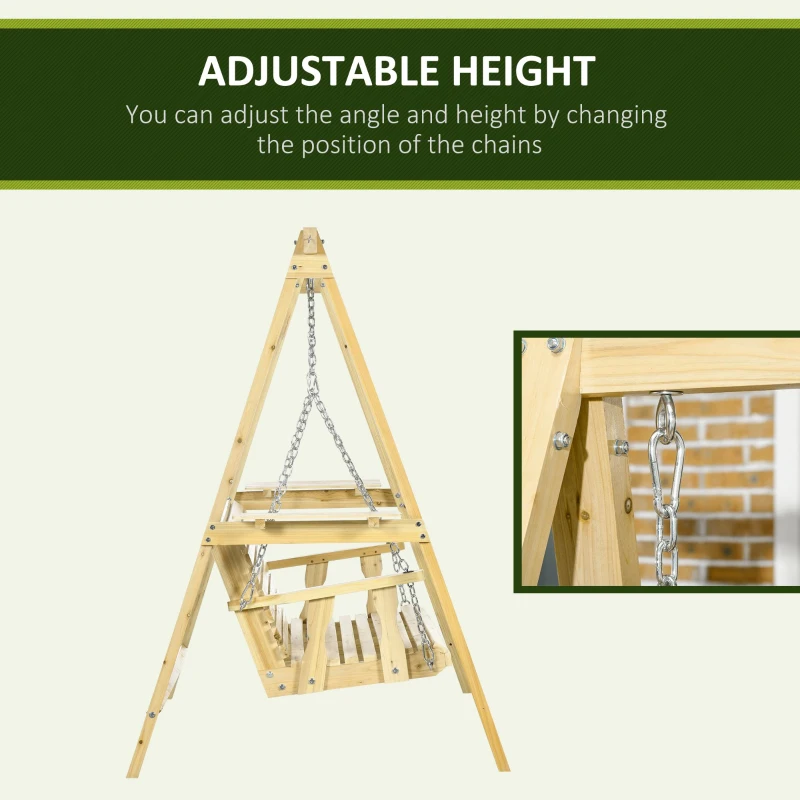 Outsunny 2-Seat orch Swing with Stand, Wooden Patio Swing Chair with Side Tables and Metal Chains, Outdoor Hanging Bench for Garden, Poolside, Backyard, Natural Wood