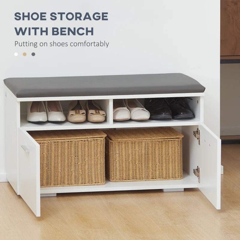 HOMCOM 3-in-1 Hall Tree, Modern Entryway Organizer with Shoe Rack Storage Organizer with Bench, 3-Hook Wall Mounted Coat Rack Wall Organizer with Mirror, for Hallway, White