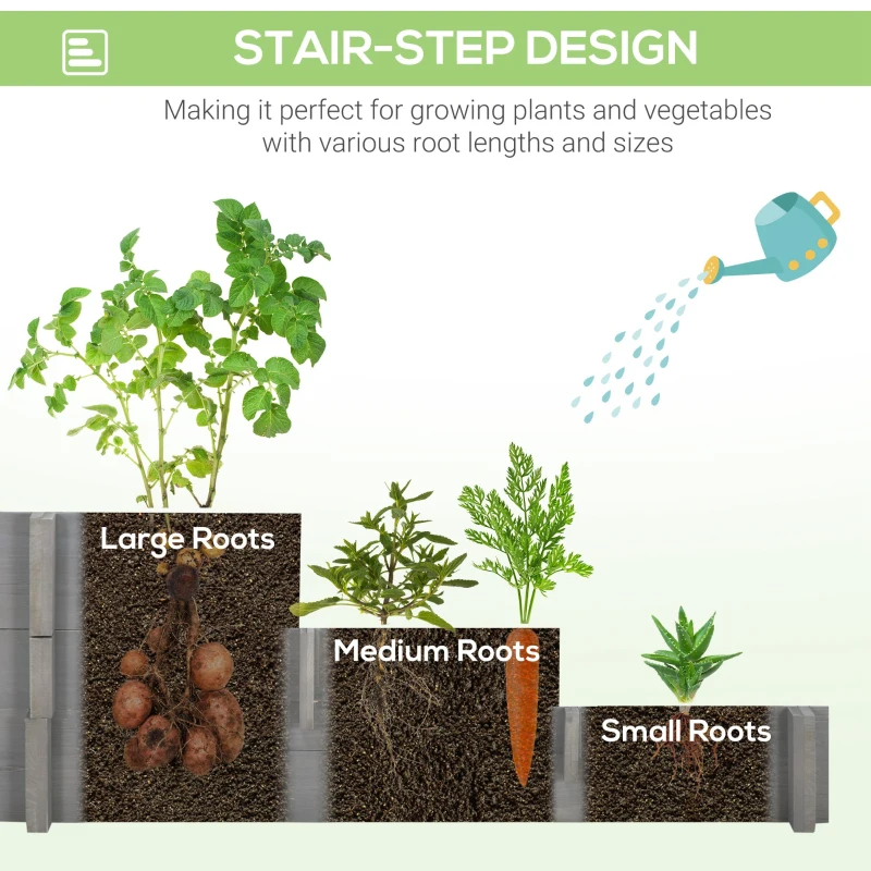 Outsunny 3 Tier Raised Garden Bed, Water Draining Fabric for Soil, Elevated Wood Flower Box for Vegetables, Herbs, Gray