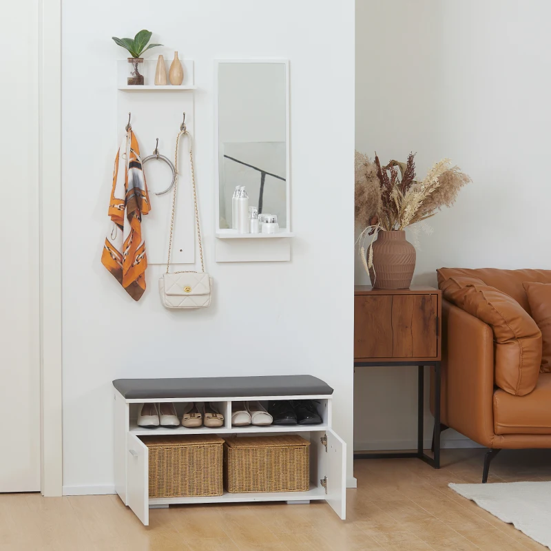 HOMCOM 3-in-1 Hall Tree, Modern Entryway Organizer with Shoe Rack Storage Organizer with Bench, 3-Hook Wall Mounted Coat Rack Wall Organizer with Mirror, for Hallway, White