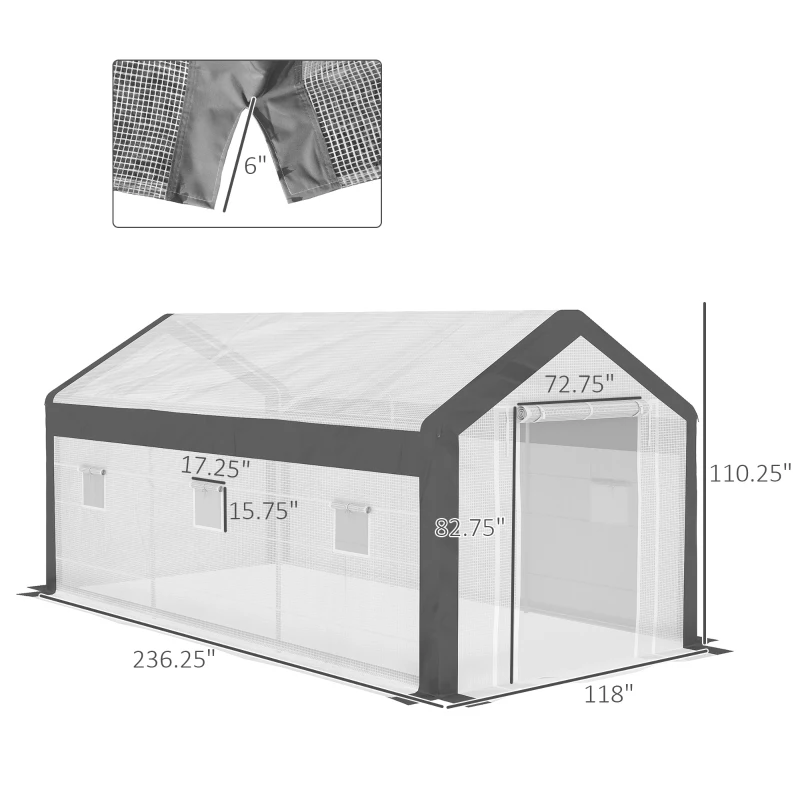 Outsunny 20' x 10' x 9' Walk-In Greenhouse, Outdoor Gardening Canopy with 6 Roll-up Windows, 2 Zippered Doors & Weather Cover, White