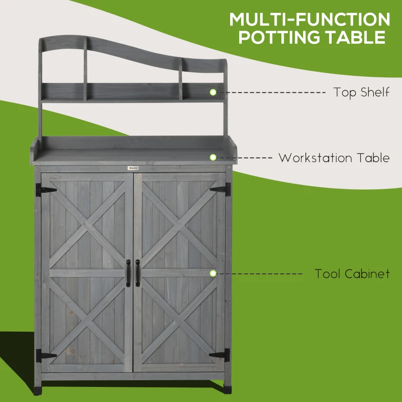 Outsunny Outdoor Storage Cabinet & Potting Table, Wooden Gardening Bench with Patio Cabinet and Magnetic Doors, Grey