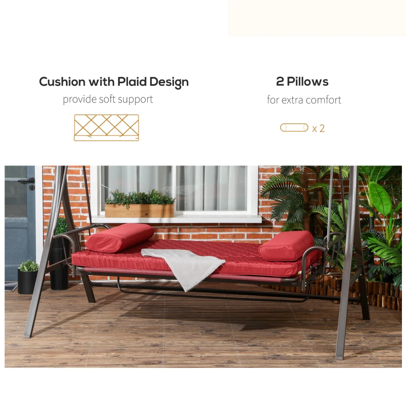 Outsunny 3 Person Porch Swing Bed, Outdoor Patio Swing Chair Bench Hammock with Adjustable Canopy, Cushions, Pillows for Porch and Backyard, Red
