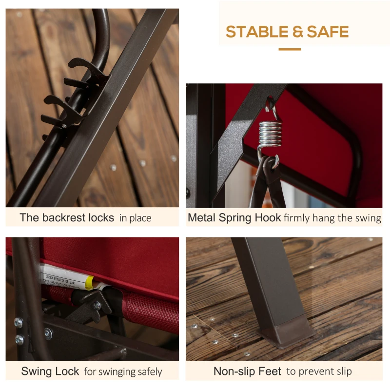 Outsunny 3 Person Porch Swing Bed, Outdoor Patio Swing Chair Bench Hammock with Adjustable Canopy, Cushions, Pillows for Porch and Backyard, Red