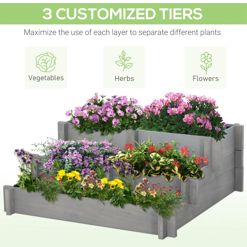 Outsunny 3 Tier Raised Garden Bed, Water Draining Fabric for Soil, Elevated Wood Flower Box for Vegetables, Herbs, Gray