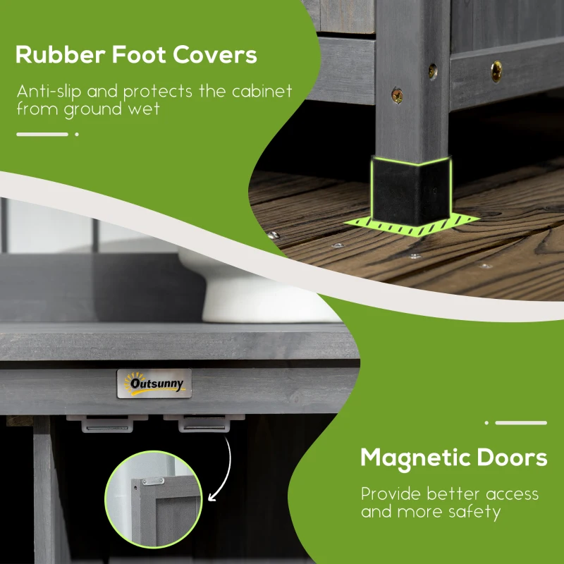 Outsunny Outdoor Storage Cabinet & Potting Table, Wooden Gardening Bench with Patio Cabinet and Magnetic Doors, Grey