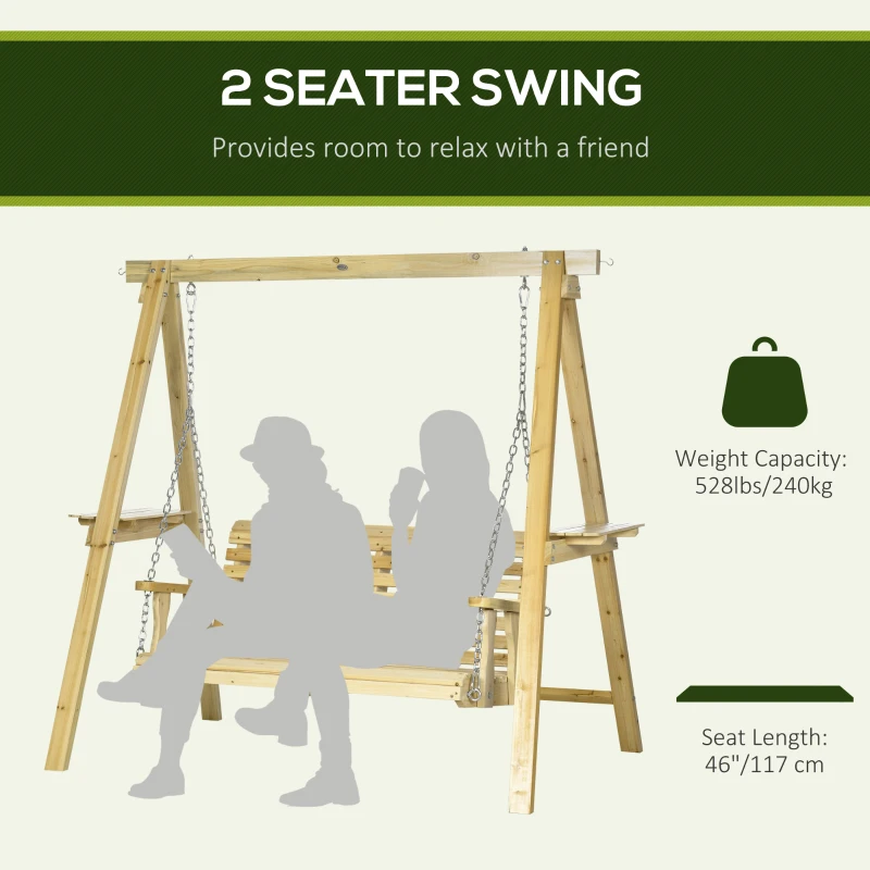 Outsunny 2-Seat orch Swing with Stand, Wooden Patio Swing Chair with Side Tables and Metal Chains, Outdoor Hanging Bench for Garden, Poolside, Backyard, Natural Wood