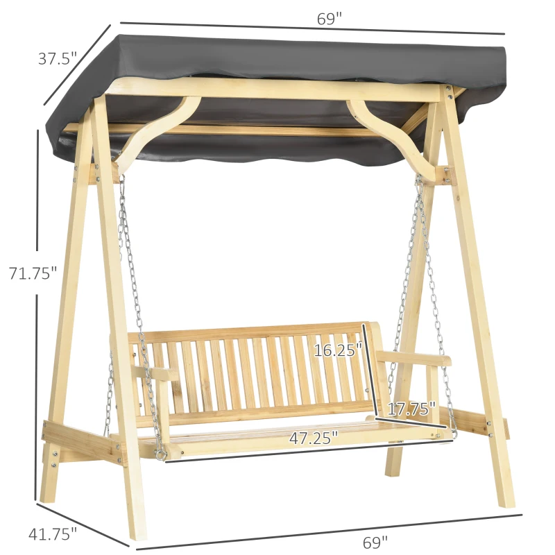 Outsunny Wooden Porch Swing Bench, 2-Seater Outdoor Swing Glider with Adjustable Canopy, Adjustable Hanging Chains, A-Frame, for Garden, Poolside, Backyard, Gray