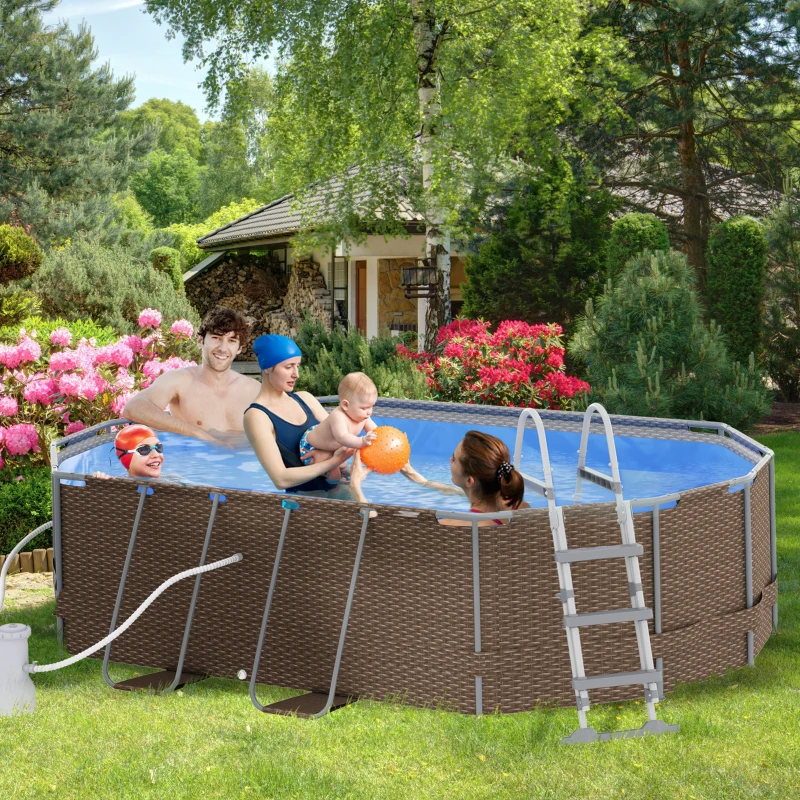 Outsunny 14' x 10' x 3' Above Ground Swimming Pool, Non-Inflatable Rectangular Steel Frame Pool with Filter Pump, Safety Ladder for 1-6 People, Brown
