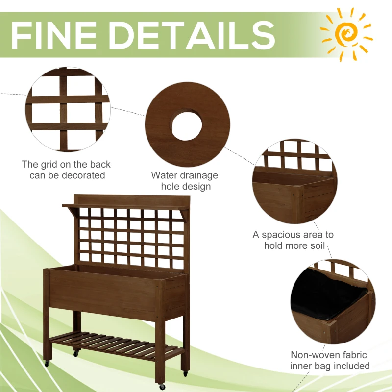 Outsunny 41" Raised Garden Bed Mobile Elevated Wooden Planter Box Stand with Wheels, Trellis and Storage Shelf, Dark Brown