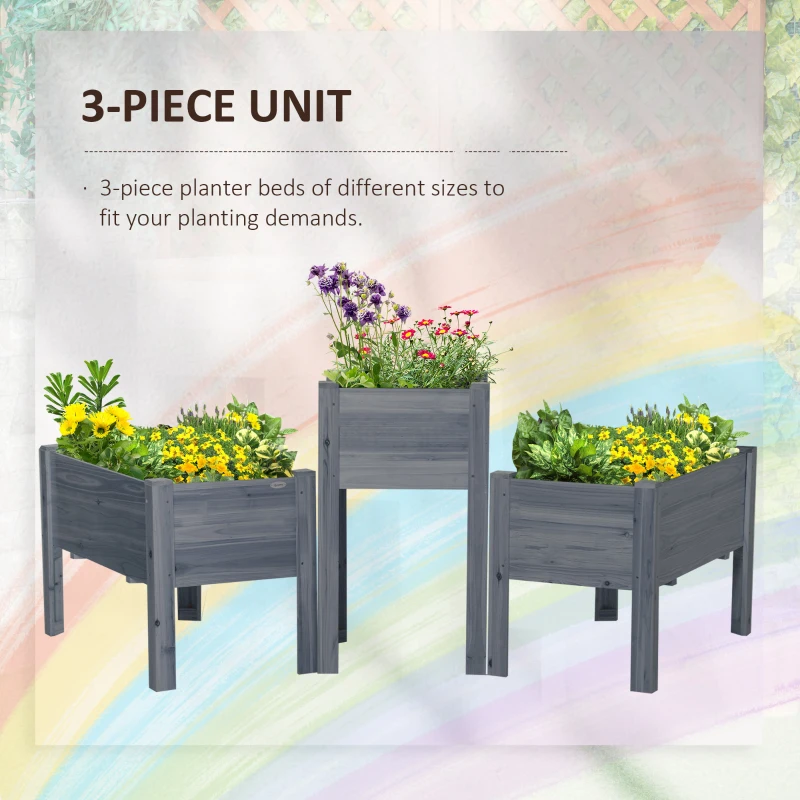 Outsunny Raised Garden Bed Set of 3, Elevated Wood Planter Box with Legs and Bed Liner for Backyard and Patio to Grow Vegetables, Herbs, Gray