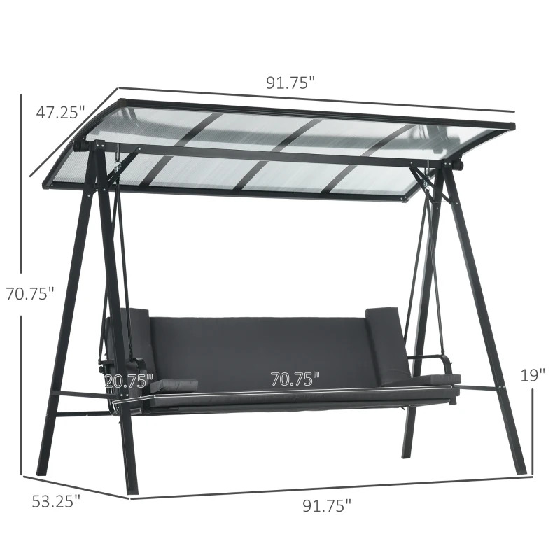 Outsunny 3-Seat Patio Swing Chair, Convertible Swing Hammock Bed with Cushions, Adjustable Polycarbonate Canopy Sunshade Roof for Porch, Garden, Backyard, Gray