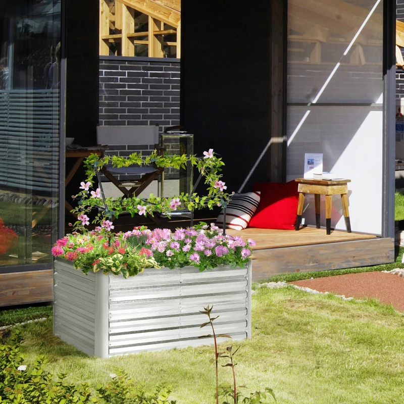 Outsunny 4' x 3' x 2' Raised Garden Bed with Support Rod, Steel Frame Elevated Planter Box, Silver
