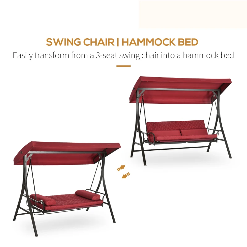 Outsunny 3 Person Porch Swing Bed, Outdoor Patio Swing Chair Bench Hammock with Adjustable Canopy, Cushions, Pillows for Porch and Backyard, Red
