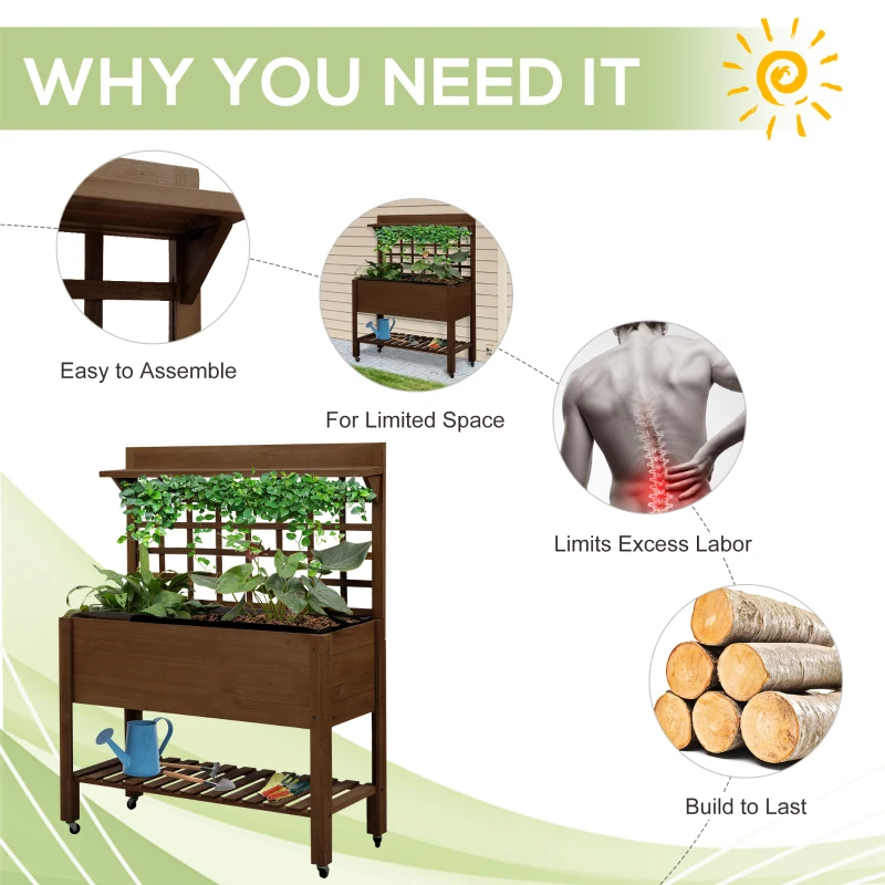 Outsunny 41" Raised Garden Bed Mobile Elevated Wooden Planter Box Stand with Wheels, Trellis and Storage Shelf, Dark Brown