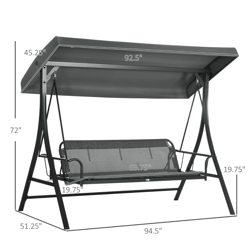 Outsunny 3 Person Patio Swing Chair Bed, Converting Flatbed, Outdoor Porch Swing Bed Glider with Adjustable Canopy, Removable Cushions, Pillows, for Garden, Poolside, Backyard, Dark Gray