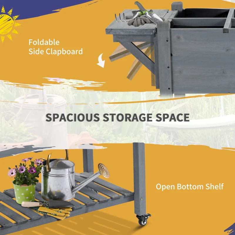 Outsunny Raised Garden Bed Planter Box w/ 8 Grow Grids, Storage Shelf & Lockable Wheels