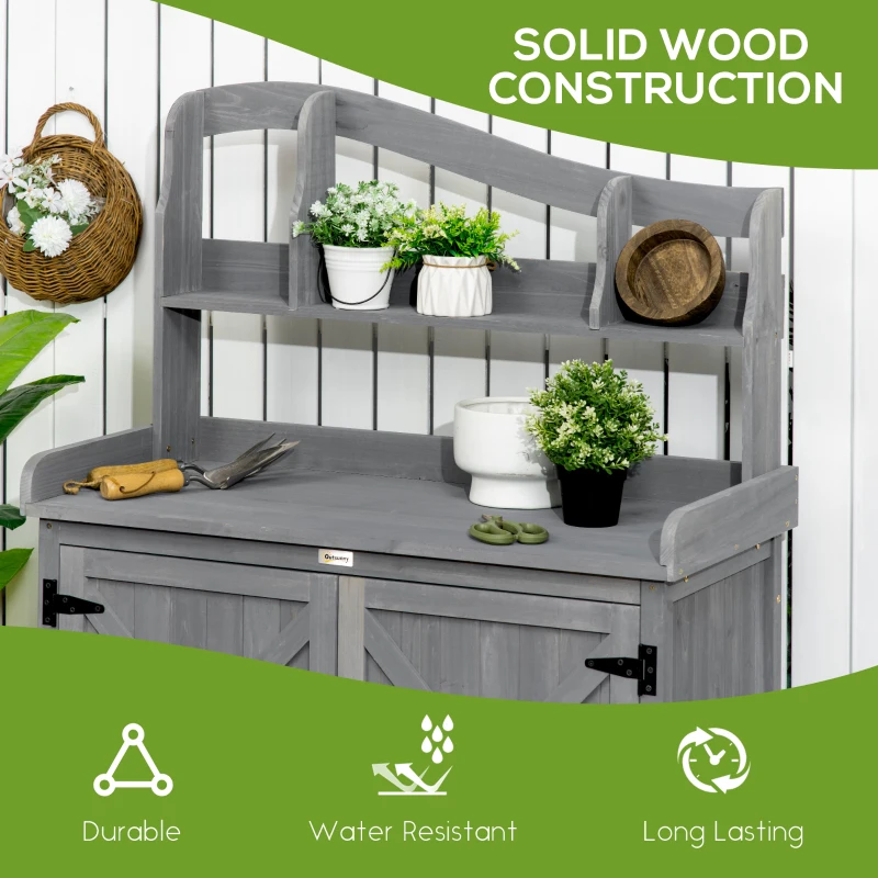 Outsunny Outdoor Storage Cabinet & Potting Table, Wooden Gardening Bench with Patio Cabinet and Magnetic Doors, Grey