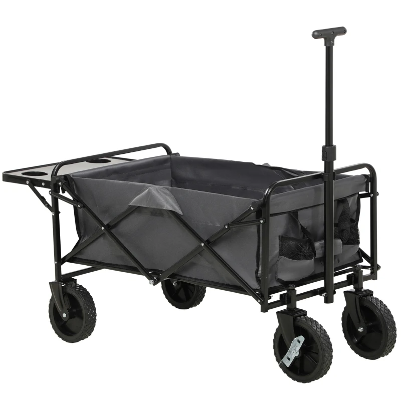 Outsunny Foldable Wagon Garden Carts with Wheels and Side Table, Gray