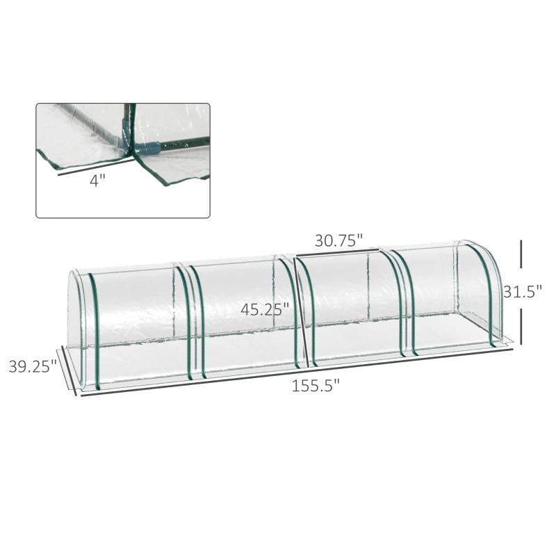 Outsunny 13' L x 3' W x 2.5' H Portable Tunneled Greenhouse with 4 Zippered Doors, Water/UV Fighting PVC Cover