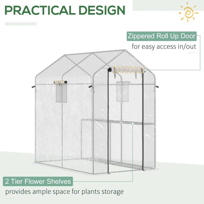 Outsunny 47.25" x 73.25" x 74.25" Walk-in Greenhouse, Outdoor Portable Plant Growing Area with Mesh Protected Roll-up Door & Window, 4 Shelves for Flowers, Herbs & Vegetables, White