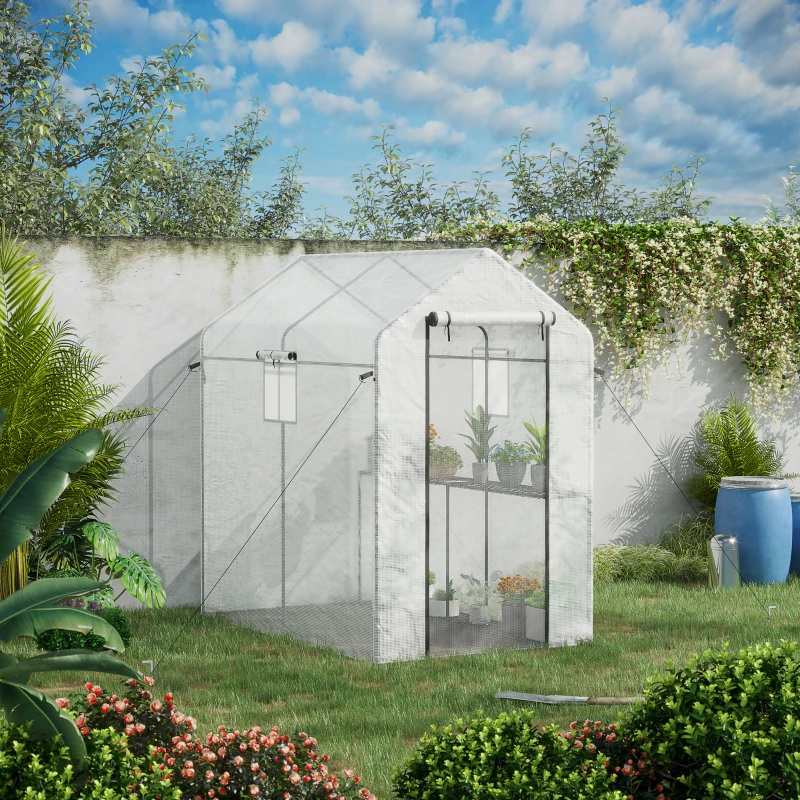 Outsunny 47.25" x 73.25" x 74.25" Walk-in Greenhouse, Outdoor Portable Plant Growing Area with Mesh Protected Roll-up Door & Window, 4 Shelves for Flowers, Herbs & Vegetables, White