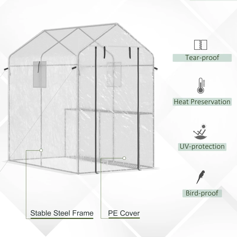 Outsunny 47.25" x 73.25" x 74.25" Walk-in Greenhouse, Outdoor Portable Plant Growing Area with Mesh Protected Roll-up Door & Window, 4 Shelves for Flowers, Herbs & Vegetables, White