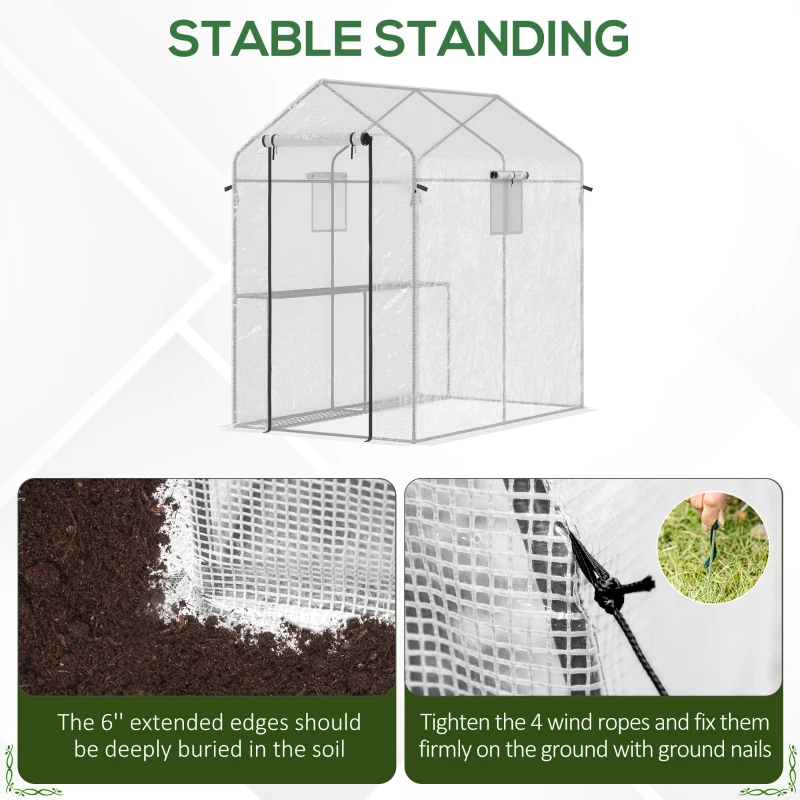 Outsunny 47.25" x 73.25" x 74.25" Walk-in Greenhouse, Outdoor Portable Plant Growing Area with Mesh Protected Roll-up Door & Window, 4 Shelves for Flowers, Herbs & Vegetables, White