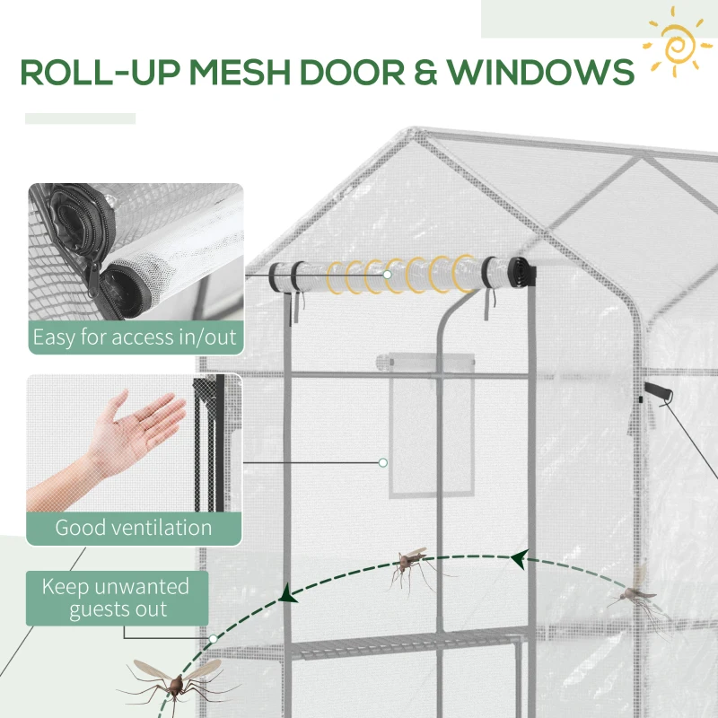 Outsunny 47.25" x 73.25" x 74.25" Walk-in Greenhouse, Outdoor Portable Plant Growing Area with Mesh Protected Roll-up Door & Window, 4 Shelves for Flowers, Herbs & Vegetables, White