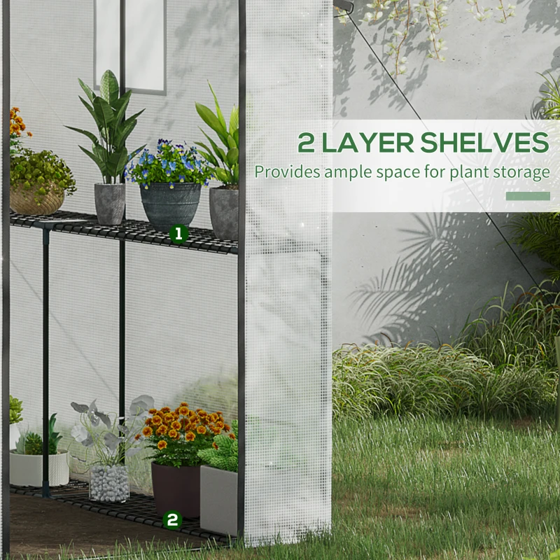 Outsunny 47.25" x 73.25" x 74.25" Walk-in Greenhouse, Outdoor Portable Plant Growing Area with Mesh Protected Roll-up Door & Window, 4 Shelves for Flowers, Herbs & Vegetables, White