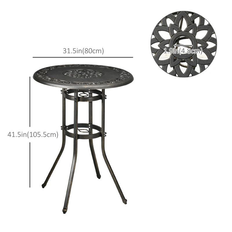 Outsunny Ф31.5" Round Garden Bar Table, Cast Aluminum Frame Patio Bar Height Desk w/ Umbrella Hole for Patio, Garden, Balcony, Bronze