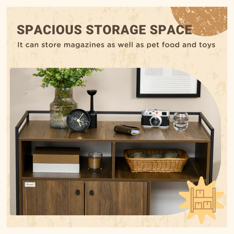 PawHut 35" x 17.7" x 28.7" Hidden Cat Litter Box Enclosure with Storage Shelves, Cat Furniture Indoor Pet House Side Table with Scratching Pad, Double Doors, Brown