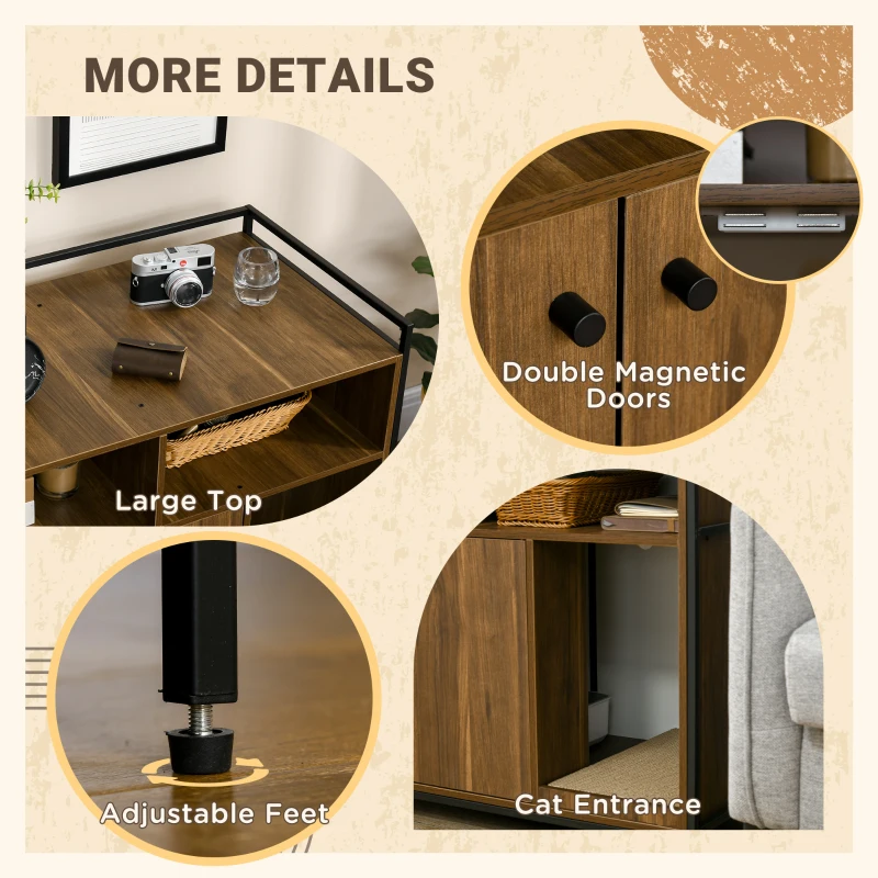 PawHut 35" x 17.7" x 28.7" Hidden Cat Litter Box Enclosure with Storage Shelves, Cat Furniture Indoor Pet House Side Table with Scratching Pad, Double Doors, Brown