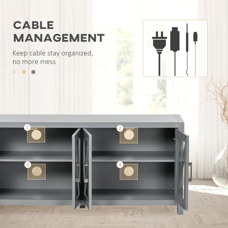 HOMCOM TV Cabinet Stand for TVs up to 58", Entertainment Center with Adjustable Shelves, 4 Glass Doors and 4 Cable Holes for Living Room, Gray