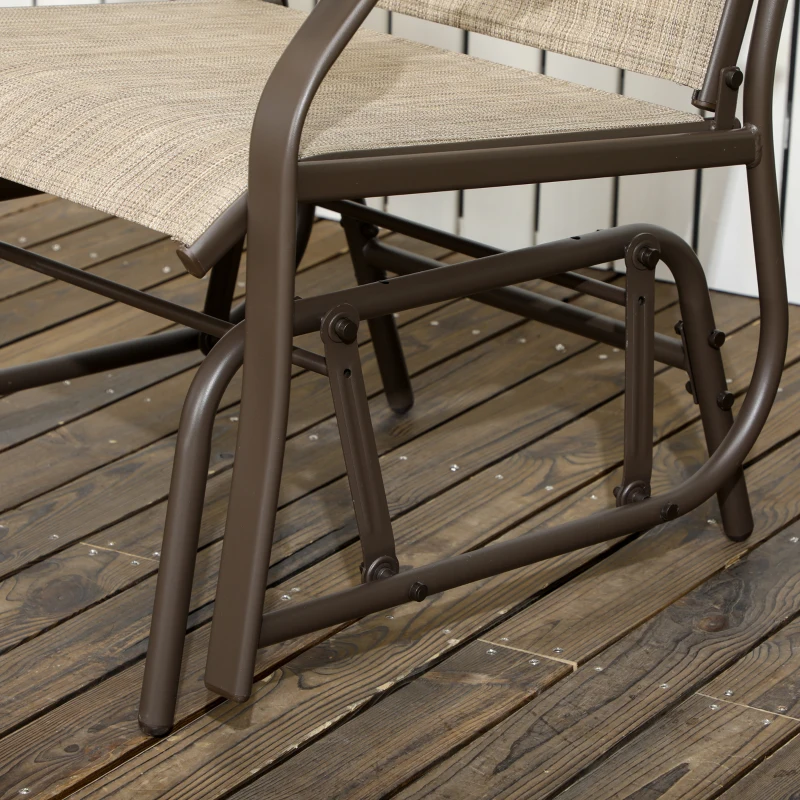 Outsunny 3 Piece Outdoor Glider Chair with Coffee Table Bistro Set, 2 Patio Rocking Swing Chairs with Breathable Sling Fabric, Glass Tabletop, for Backyard, Garden and Porch, Mixed Brown