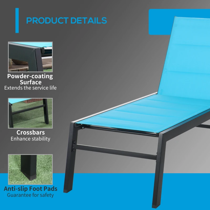 Outsunny Outdoor Chaise Lounge with Wheels, Five Position Recliner for Sunbathing, Suntanning, Steel Frame, Breathable Fabric for Beach, Yard, Patio, Blue