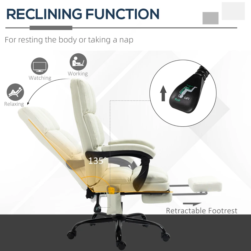Vinsetto Massage Office Chair with 4 Vibration Points, Reclining Computer Chair with USB Port and Footrest - Cream White