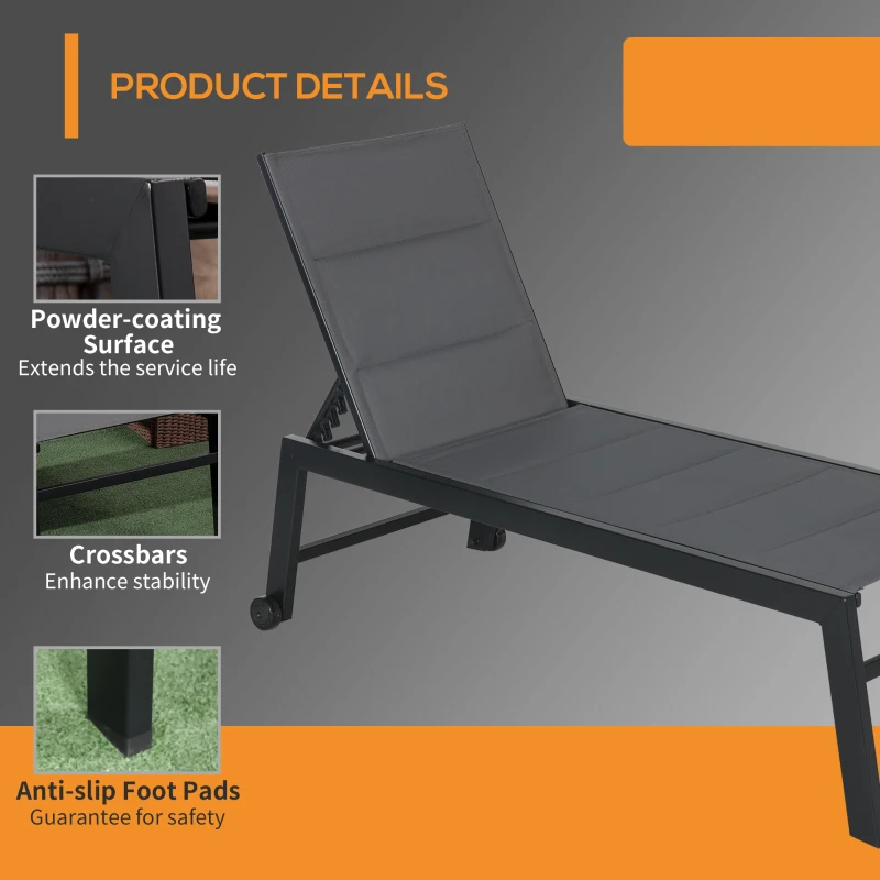 Outsunny Outdoor Chaise Lounge with Wheels, Five Position Recliner for Sunbathing, Suntanning, Steel Frame, Breathable Fabric for Beach, Yard, Patio, Gray