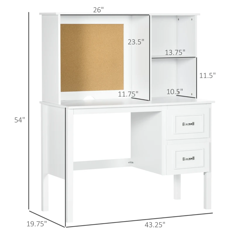 HOMCOM Computer Desk with Drawers & Shelves, Home Office Desk with Storage & Corkboard, Workstation Table with Cable Hole, White
