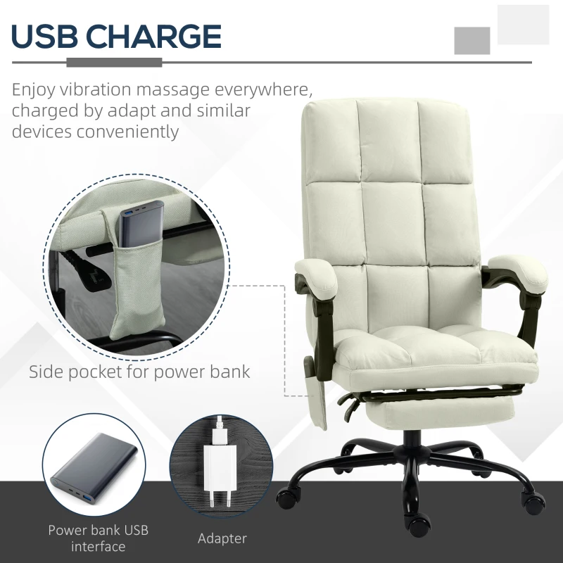 Vinsetto Massage Office Chair with 4 Vibration Points, Reclining Computer Chair with USB Port and Footrest - Cream White