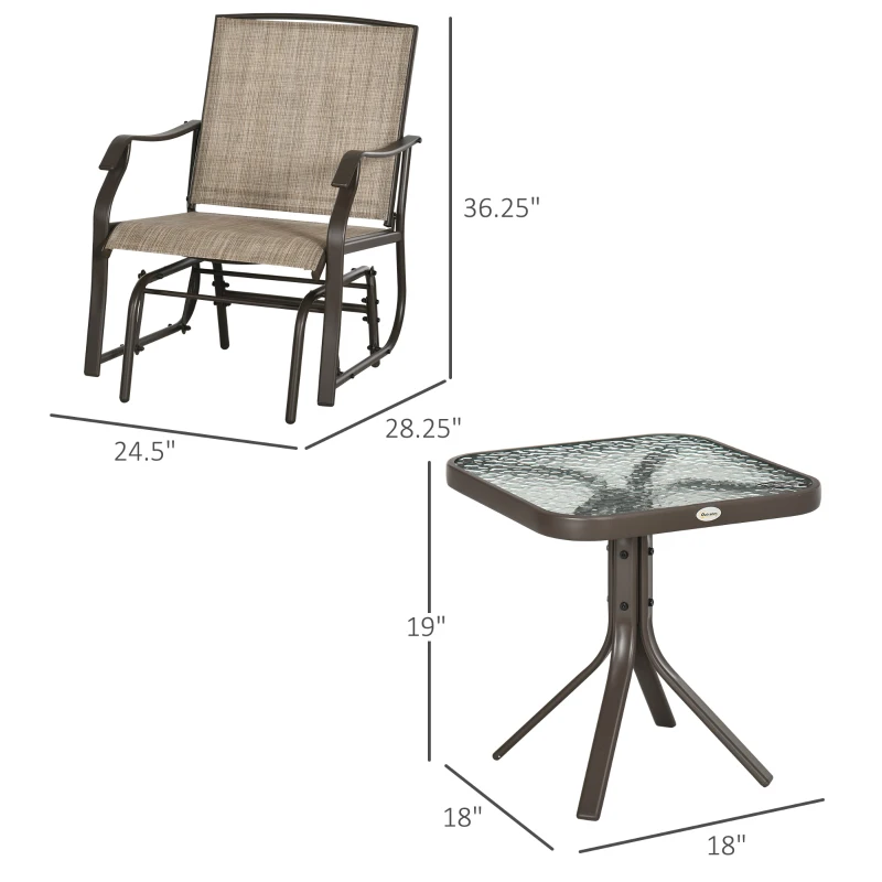 Outsunny 3 Piece Outdoor Glider Chair with Coffee Table Bistro Set, 2 Patio Rocking Swing Chairs with Breathable Sling Fabric, Glass Tabletop, for Backyard, Garden and Porch, Mixed Brown
