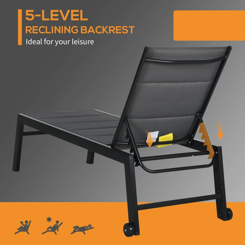 Outsunny Outdoor Chaise Lounge with Wheels, Five Position Recliner for Sunbathing, Suntanning, Steel Frame, Breathable Fabric for Beach, Yard, Patio, Gray