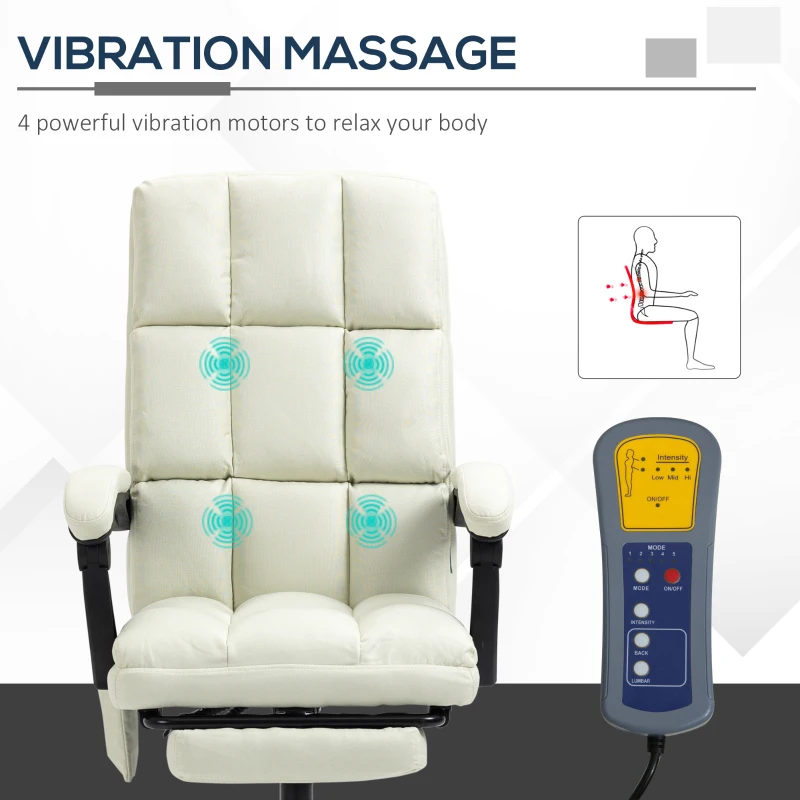 Vinsetto Massage Office Chair with 4 Vibration Points, Reclining Computer Chair with USB Port and Footrest - Cream White