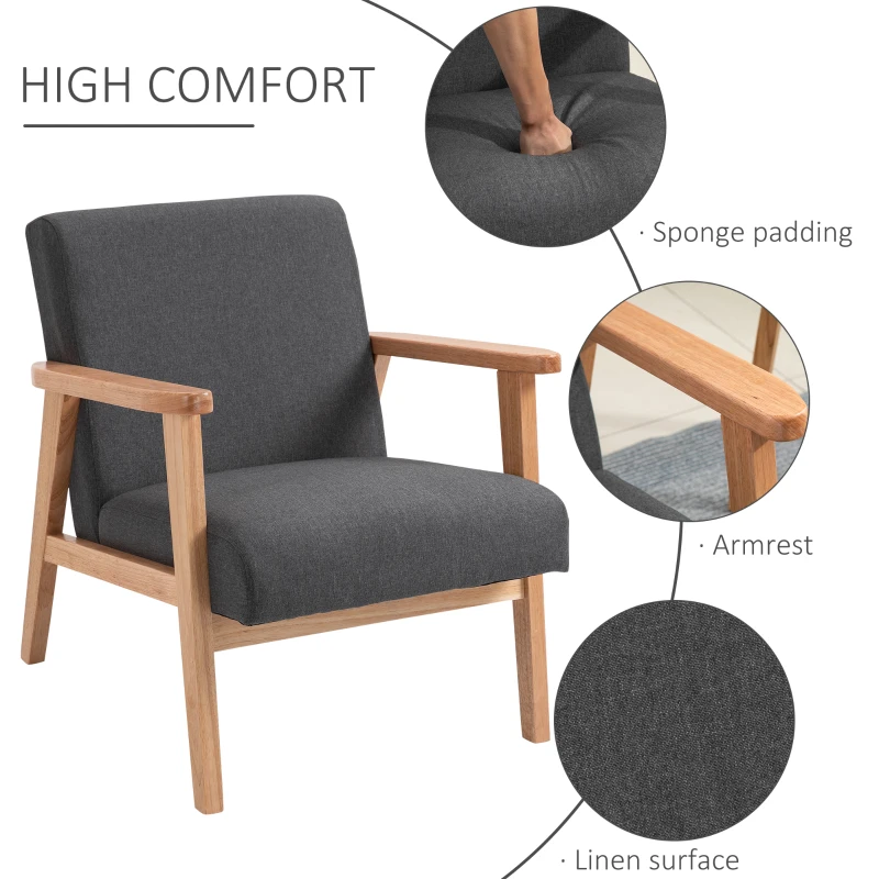 HOMCOM Mid-Century Modern Accent Chair Retro Fabric Armchair Wooden Arm Upholstered Lounge Chair for Living Room Grey