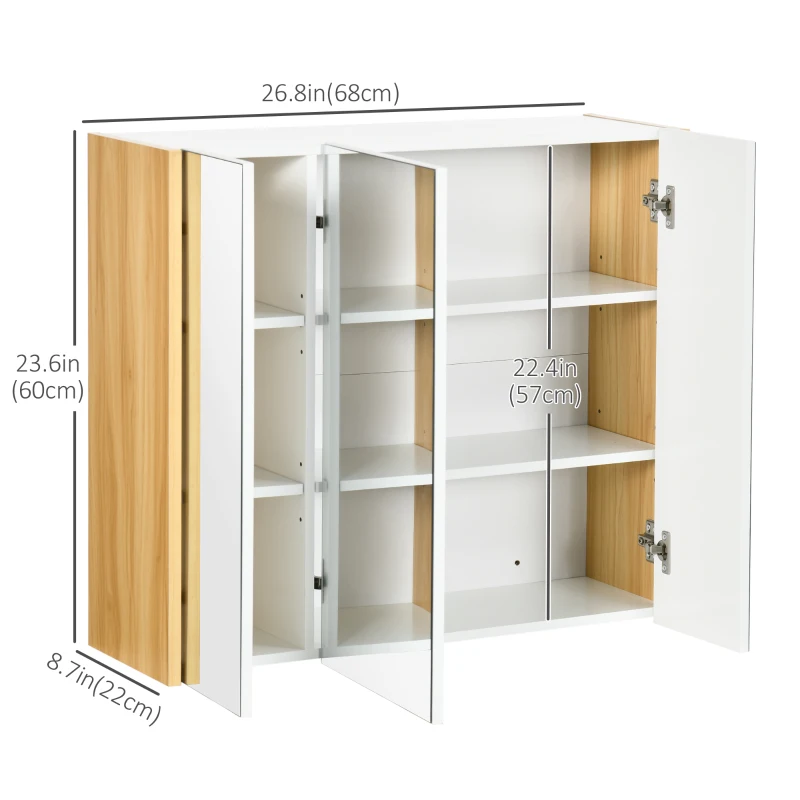 kleankin Wall Mounted Medicine Cabinet with Mirror Wall Mirror Cabinet with 3 Doors and Adjustable Storage Shelves White