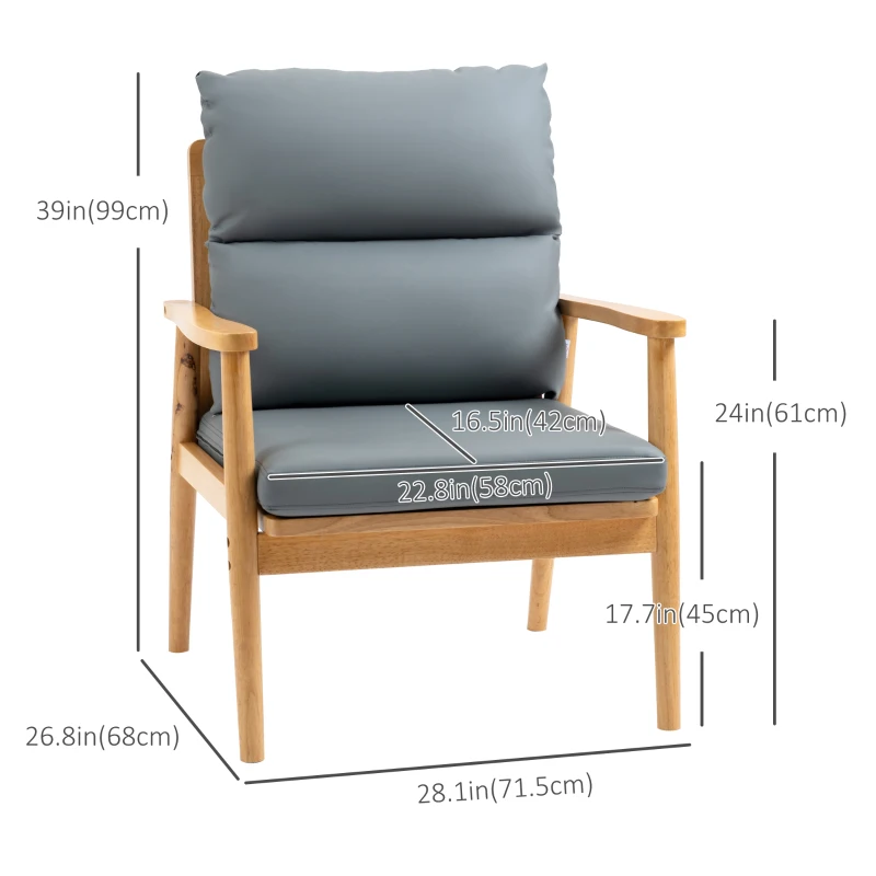 HOMCOM Armchair with Removable Seat and Back Cushion for Bedroom Living Room Chair with Faux Leather and Wood Legs Grey