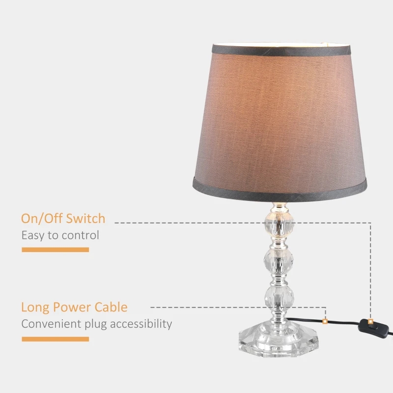 HOMCOM Crystallite Modern Table Lamps for Bedroom Set of 2, Bedside Desk Lamp for Home Office, Living Room Lamp Set with Fabric Lampshades, Gray