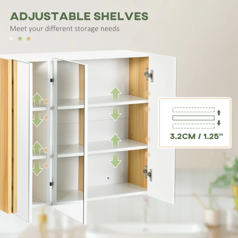 kleankin Wall Mounted Medicine Cabinet with Mirror Wall Mirror Cabinet with 3 Doors and Adjustable Storage Shelves White